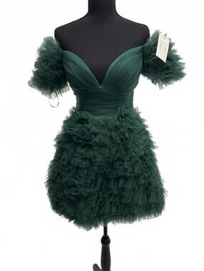 Jovani One of Kind Sample Dark Green Off-Shoulder Ruffled Tulle Party Dress